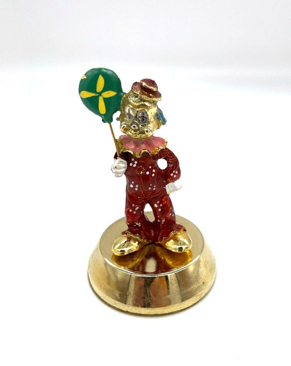 Vintage Brass Clown Holding Balloon Figurine Red 3.5"